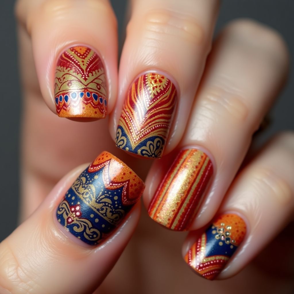 Diwali Stripes And Lines Nail Design