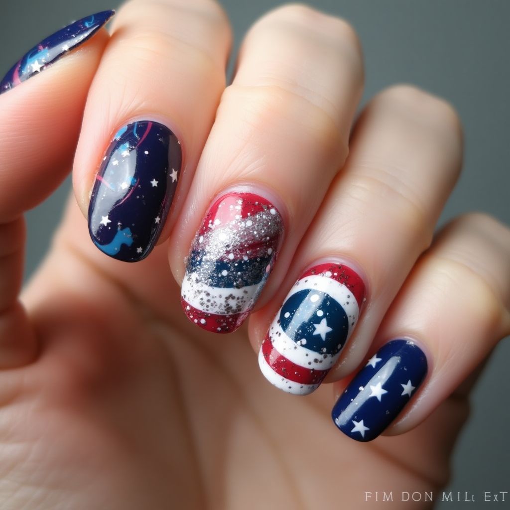 Memorial Day Water Marbling Nail Design