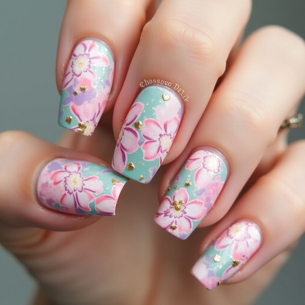 Mother's Day Water Marbling Nail Design