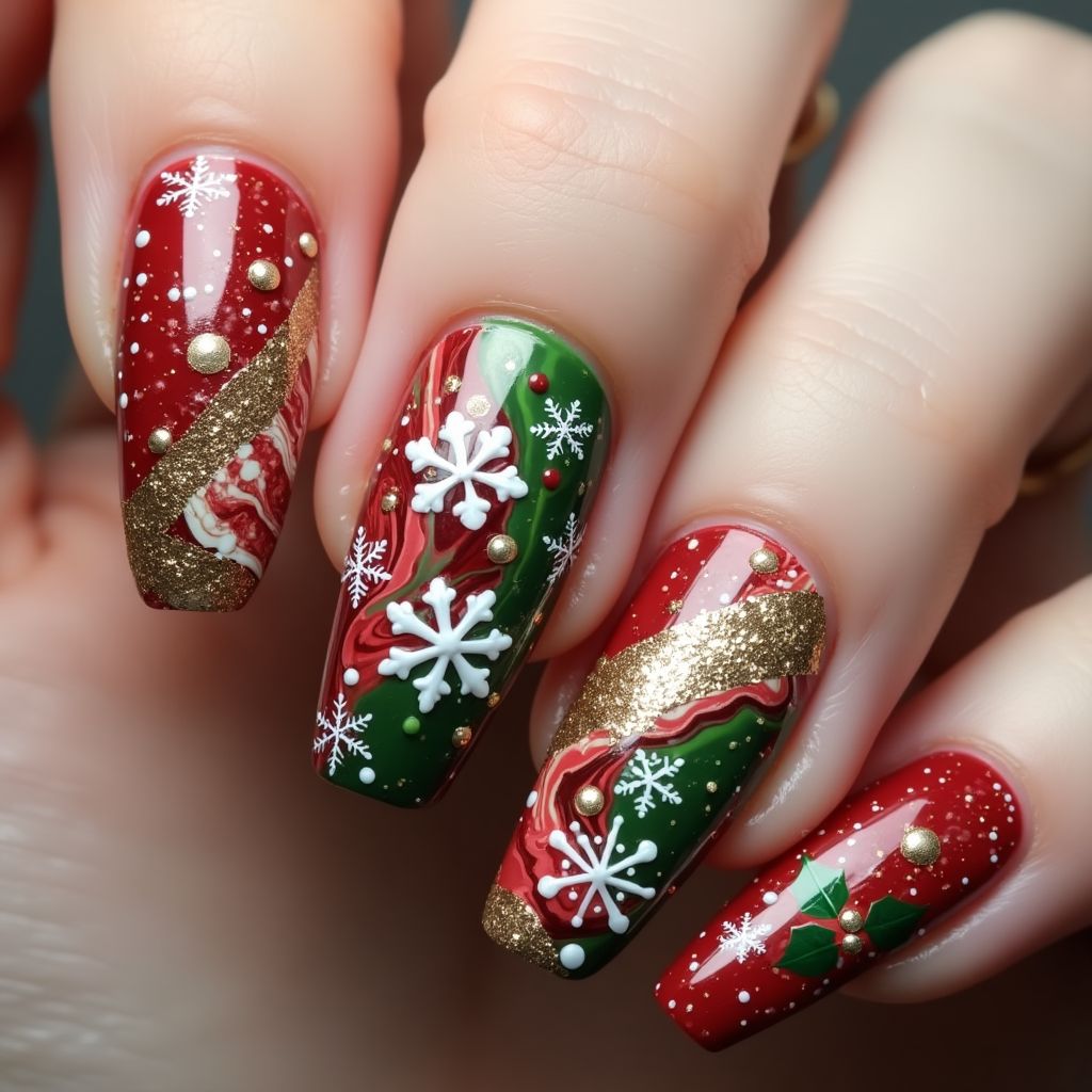 Christmas Water Marbling Nail Design
