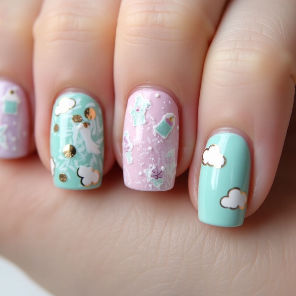 Baby Shower Water Marbling Nail Design