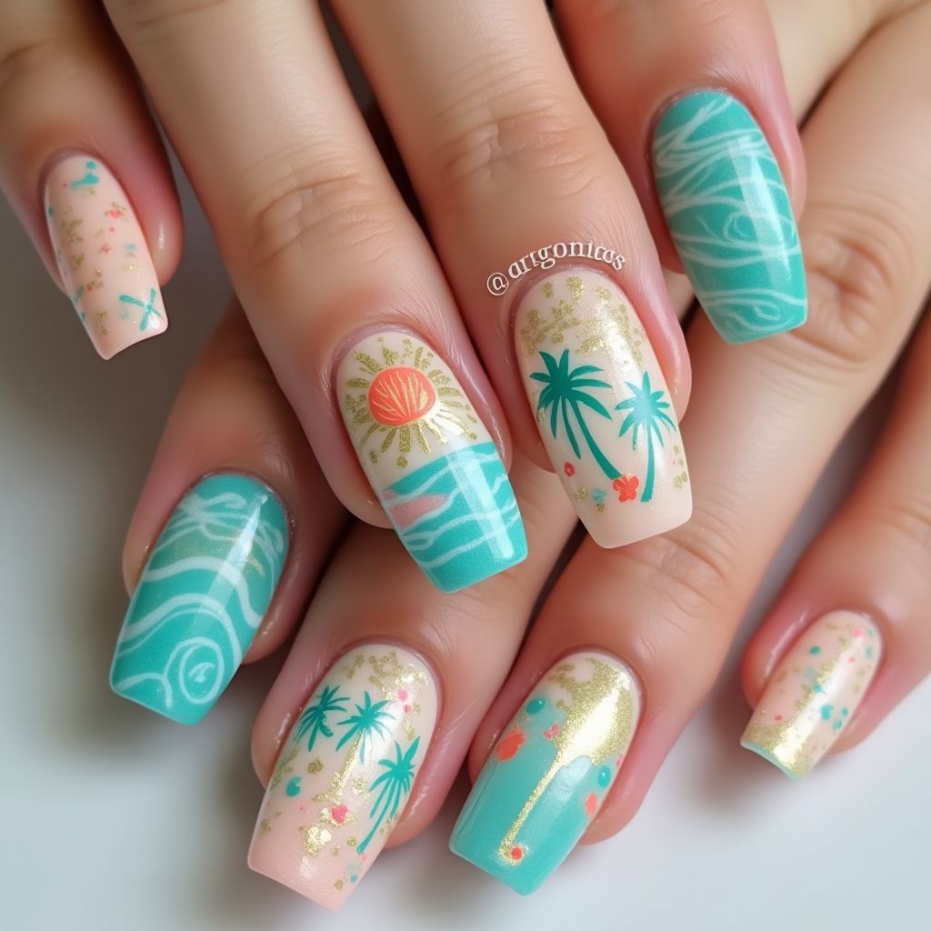 Beach Water Marbling Nail Design