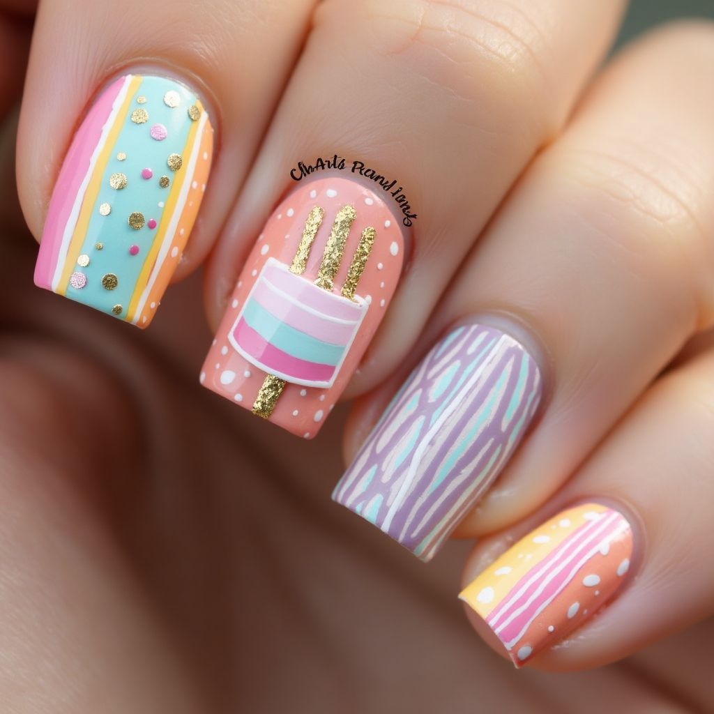 Birthday Stripes And Lines Nail Design