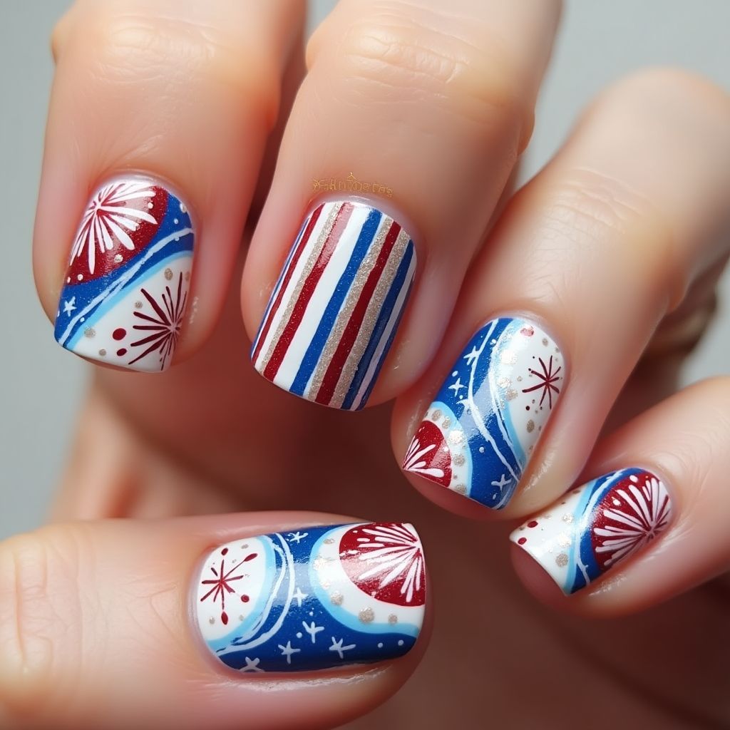 4th Of July Water Marbling Nail Design