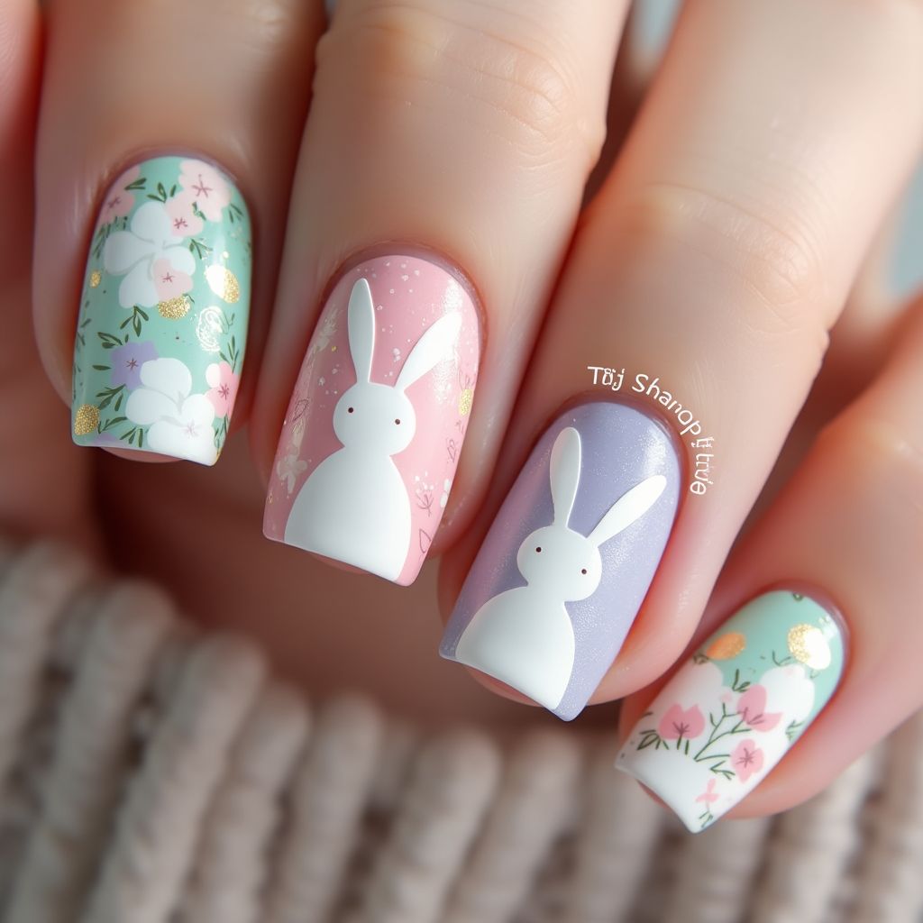 Easter Water Marbling Nail Design