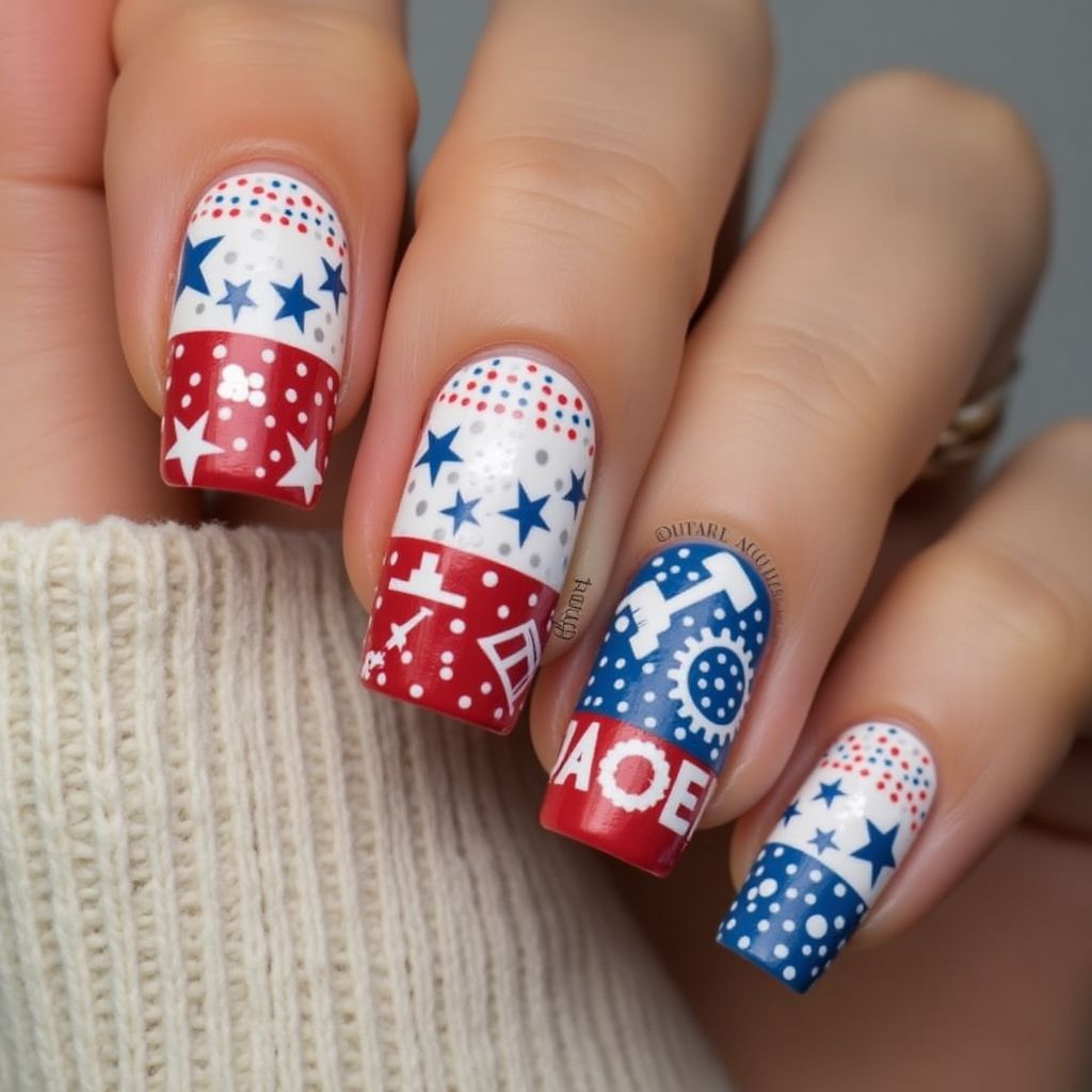 Labor Day Dotting Nail Design