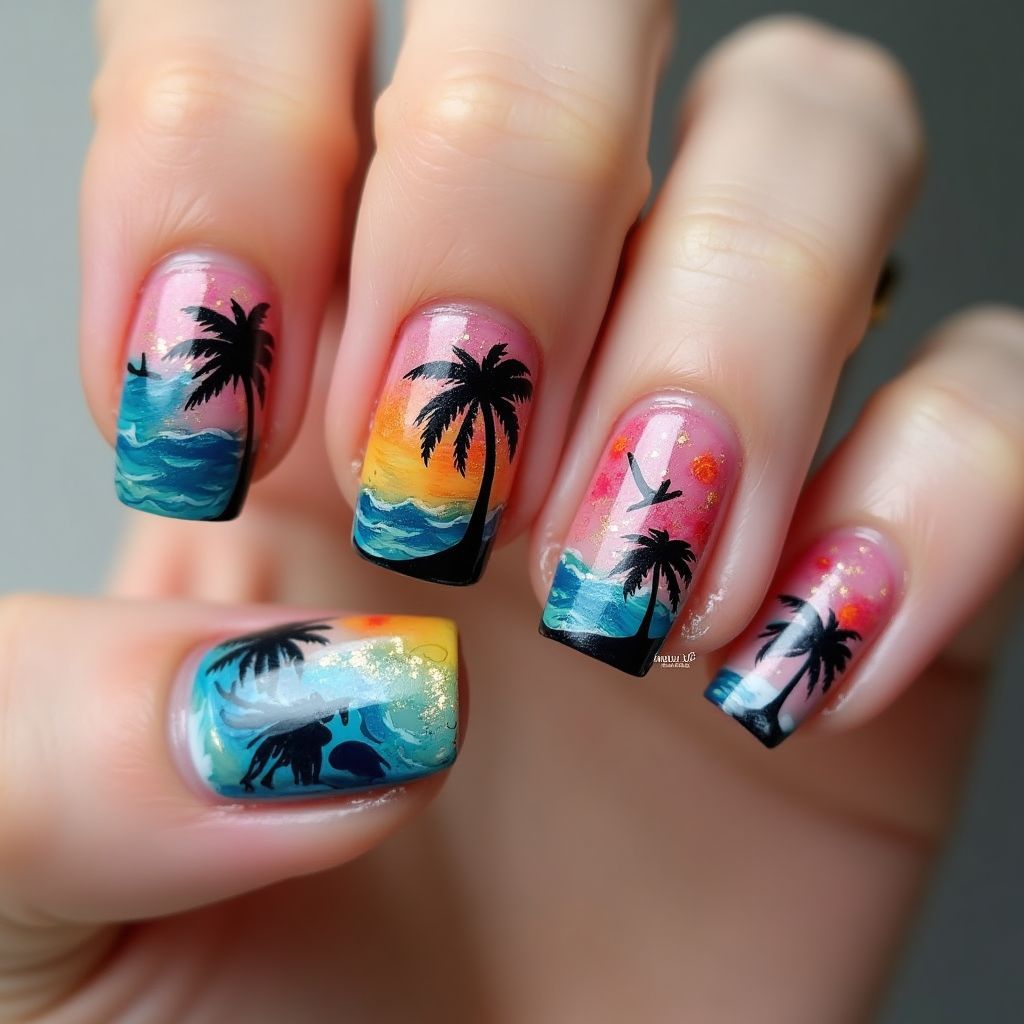 Vacation Water Marbling Nail Design