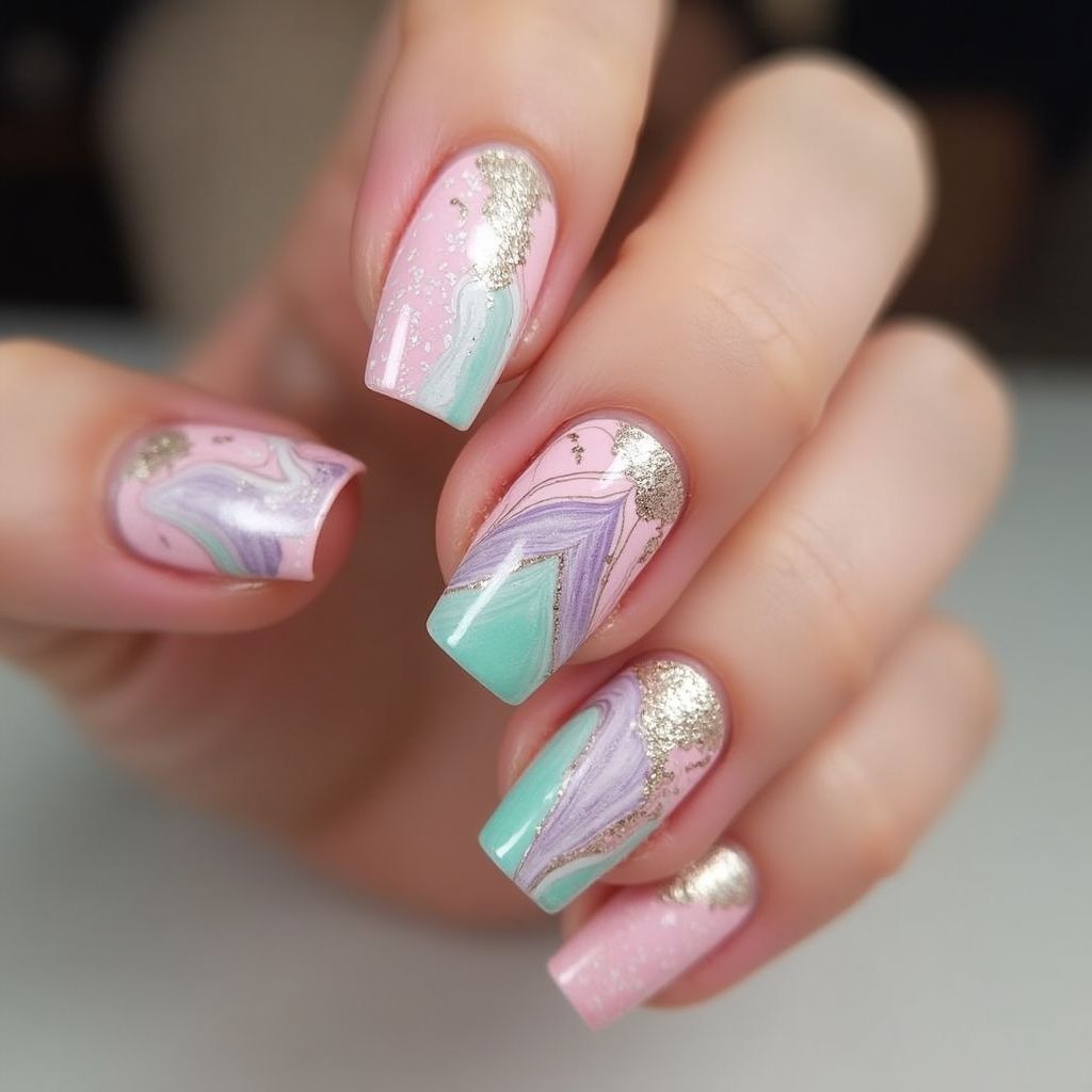 Prom Water Marbling Nail Design