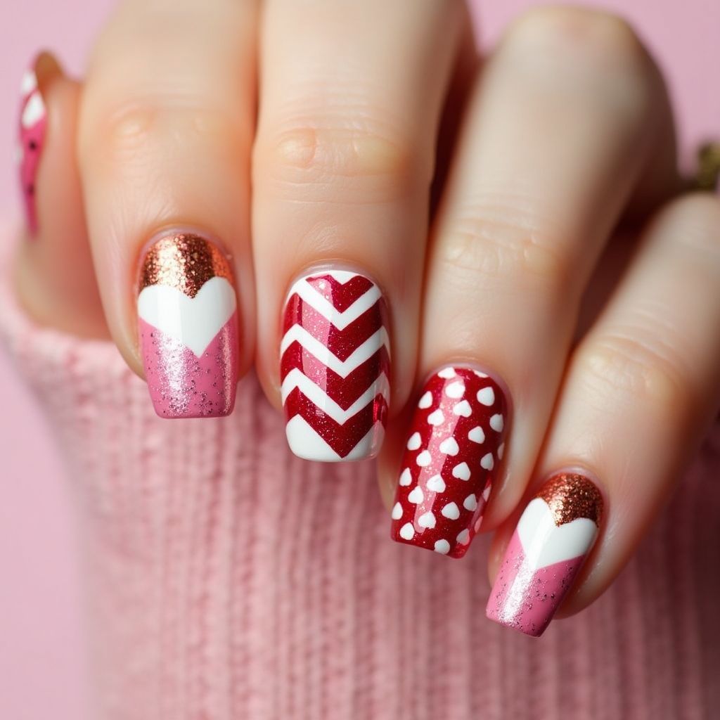 Valentine's Day Stripes And Lines Nail Design