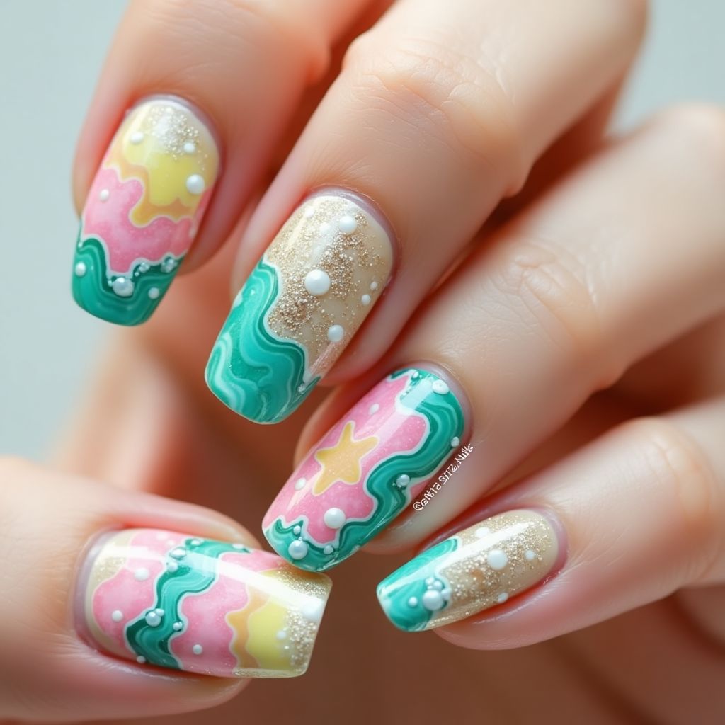 Beach Water Marbling Nail Design