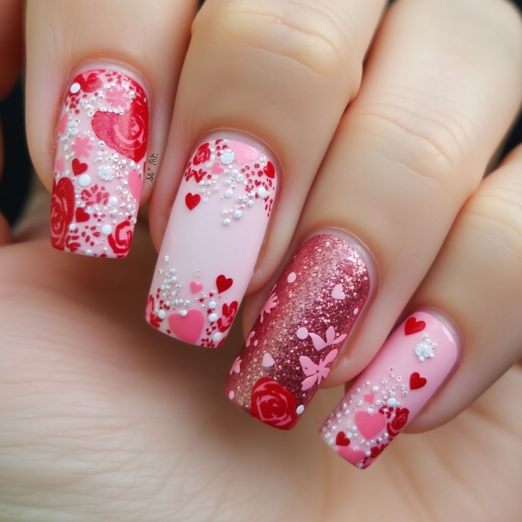 Valentine's Day Freehand Art Nail Design