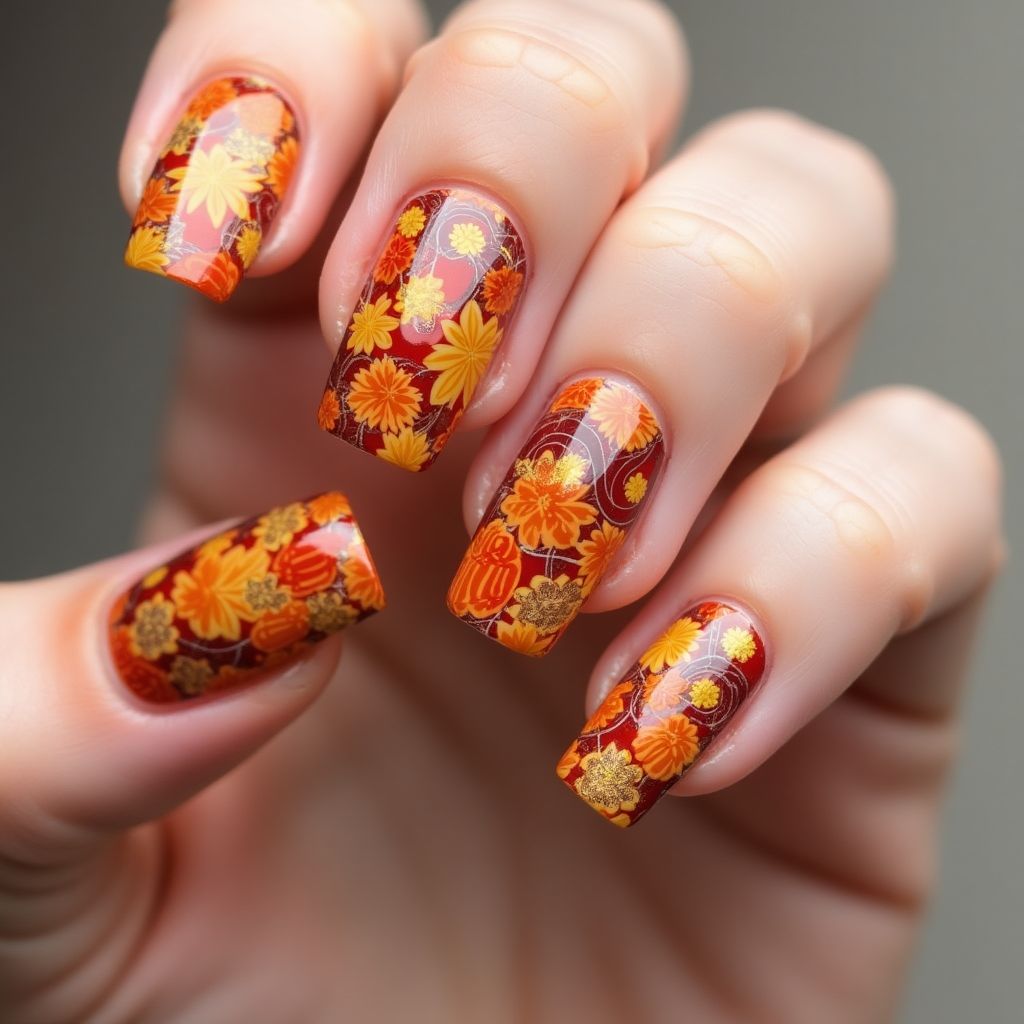 Thanksgiving Water Marbling Nail Design