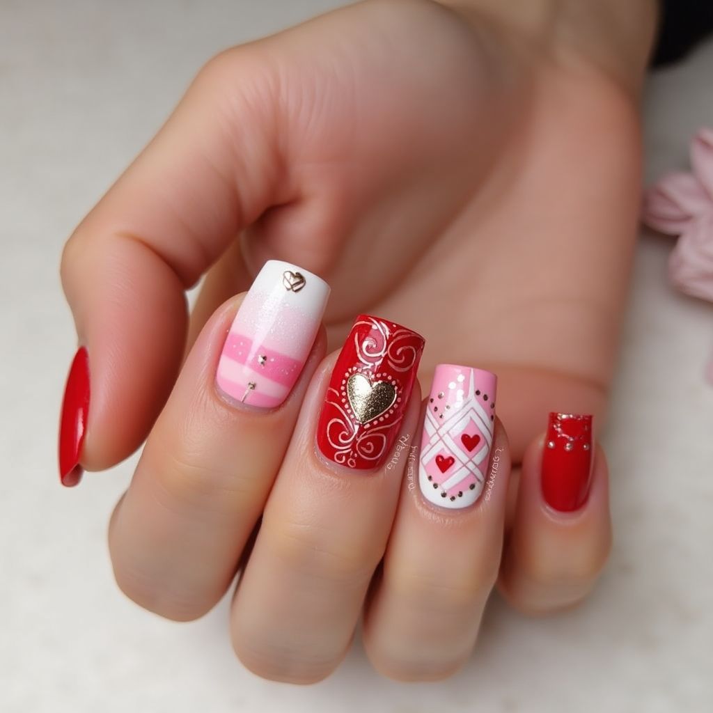 Valentine's Day Stripes And Lines Nail Design