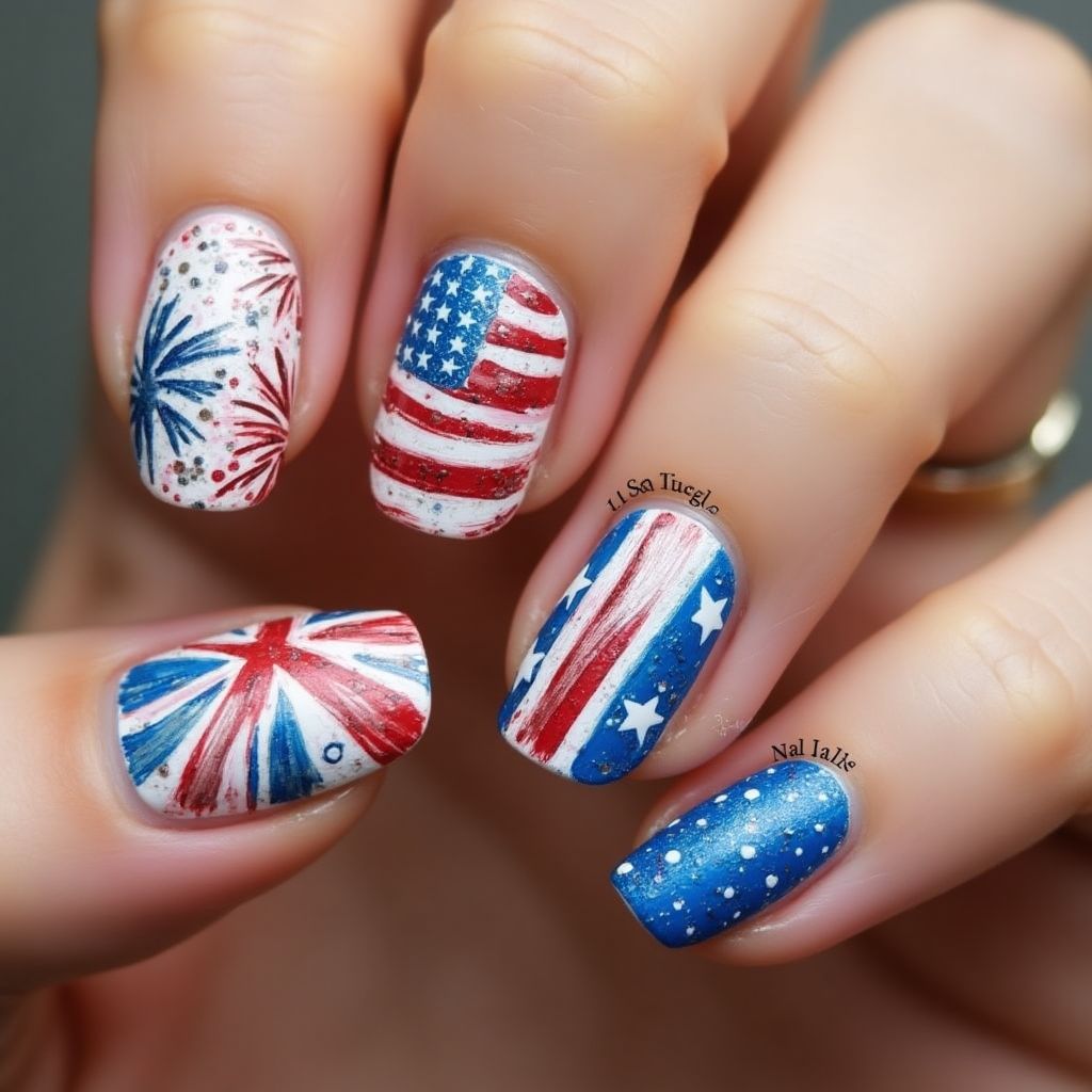 4th Of July Freehand Art Nail Design