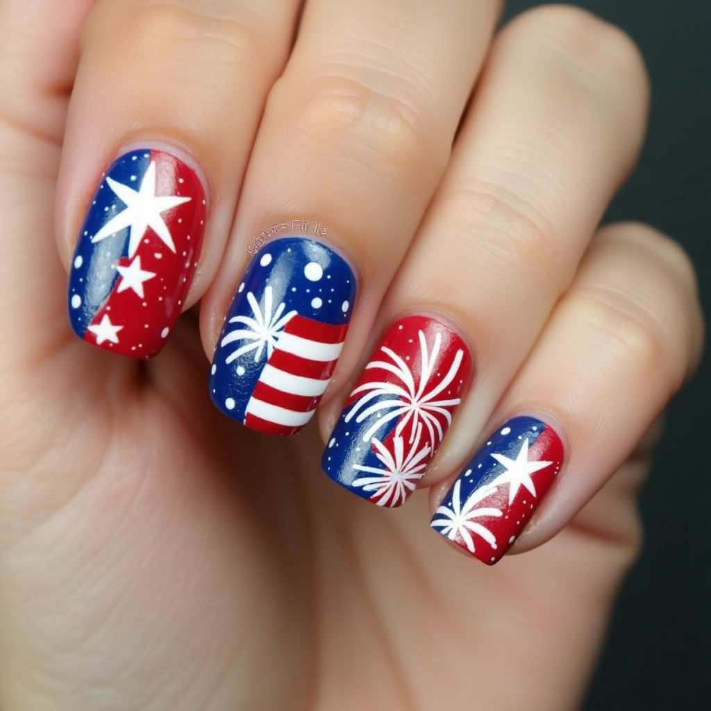 4th Of July Freehand Art Nail Design