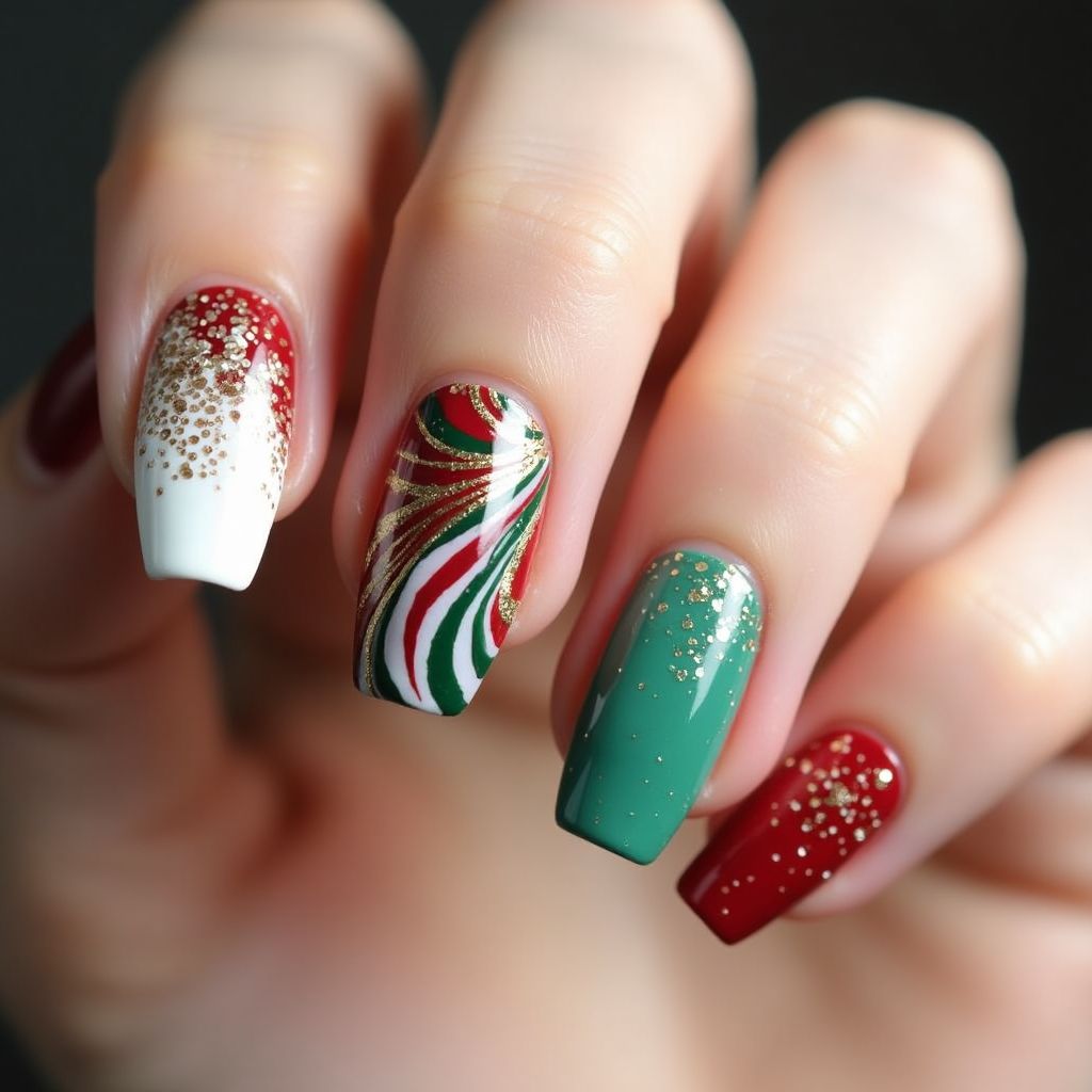 Holiday Water Marbling Nail Design