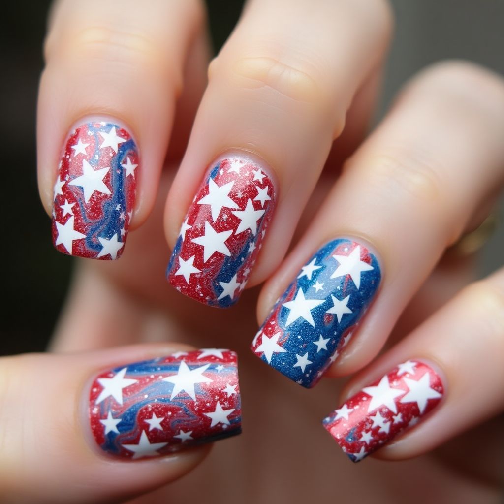 4th Of July Water Marbling Nail Design