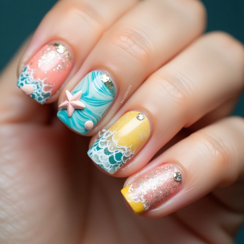Beach Water Marbling Nail Design