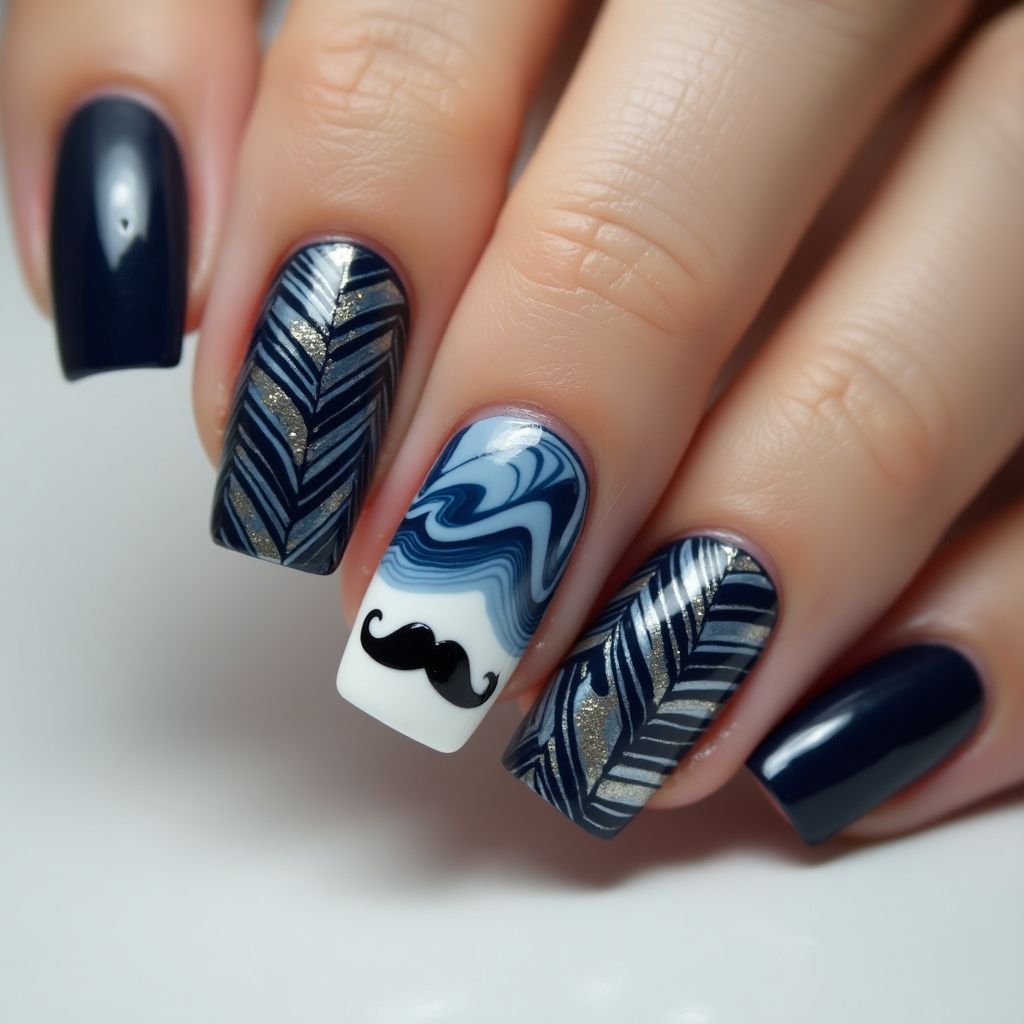 Father's Day Water Marbling Nail Design