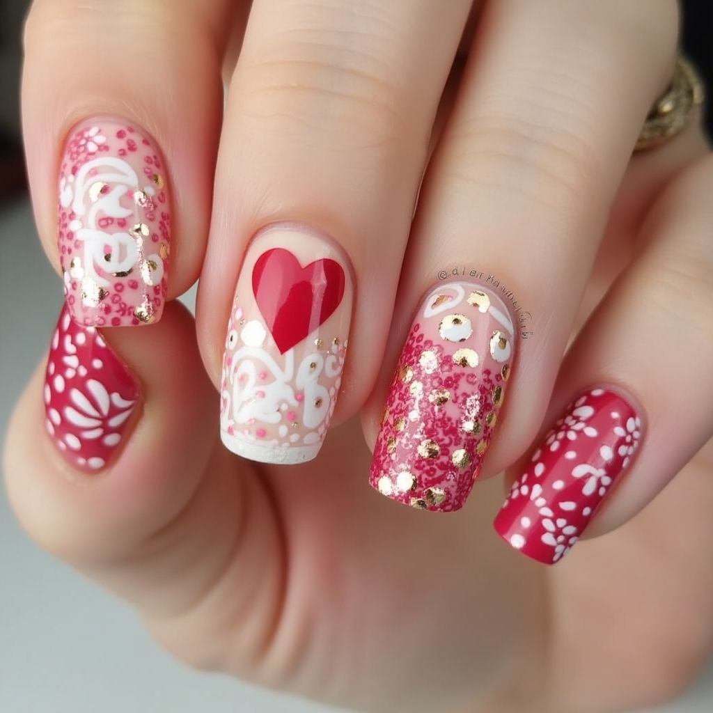 Valentine's Day Freehand Art Nail Design