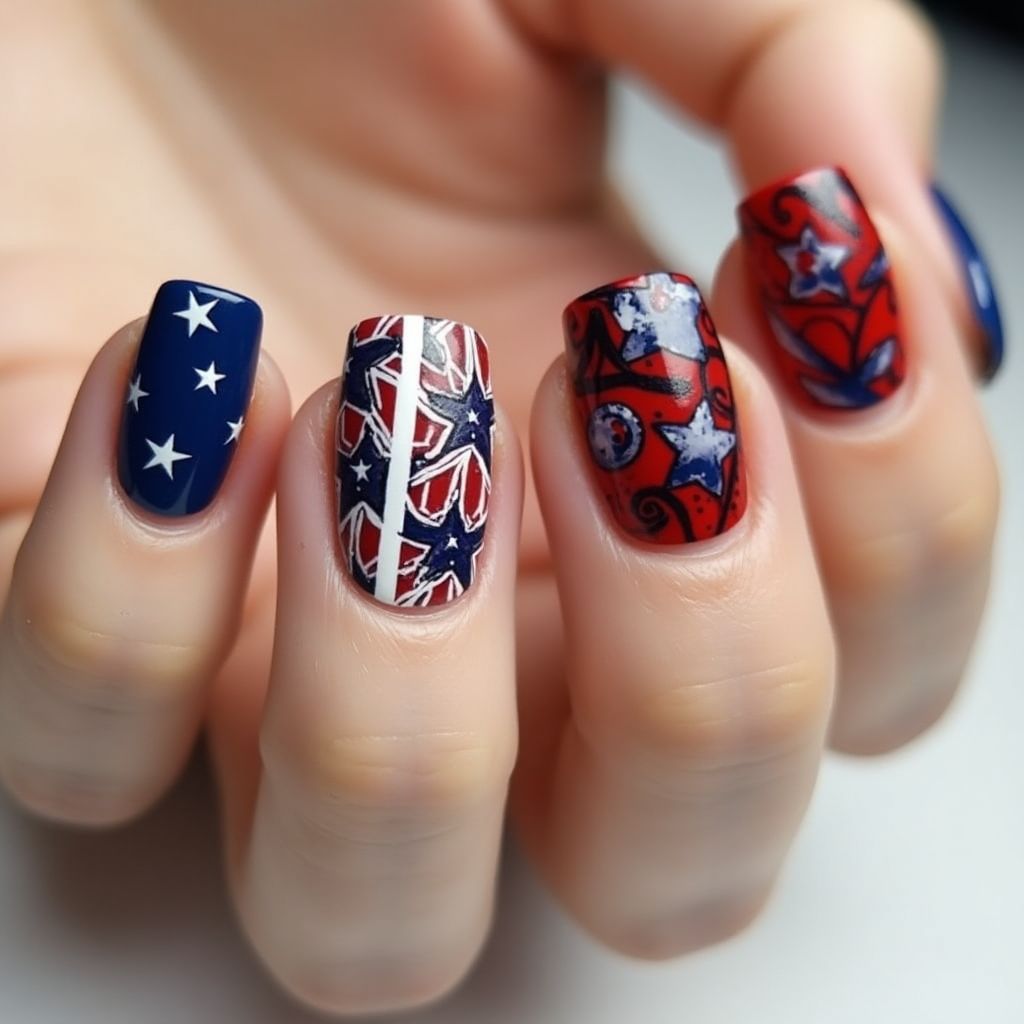Labor Day Freehand Art Nail Design
