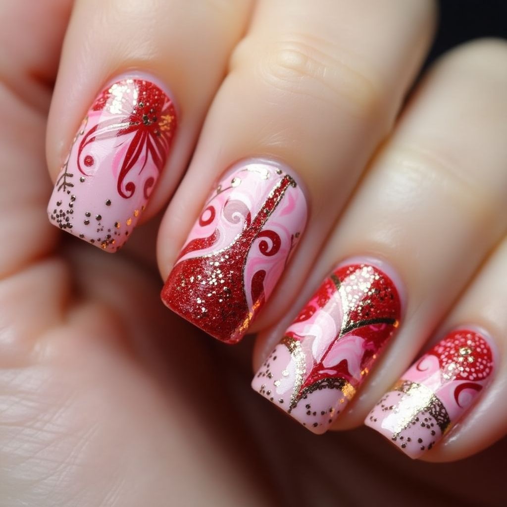 Anniversary Water Marbling Nail Design