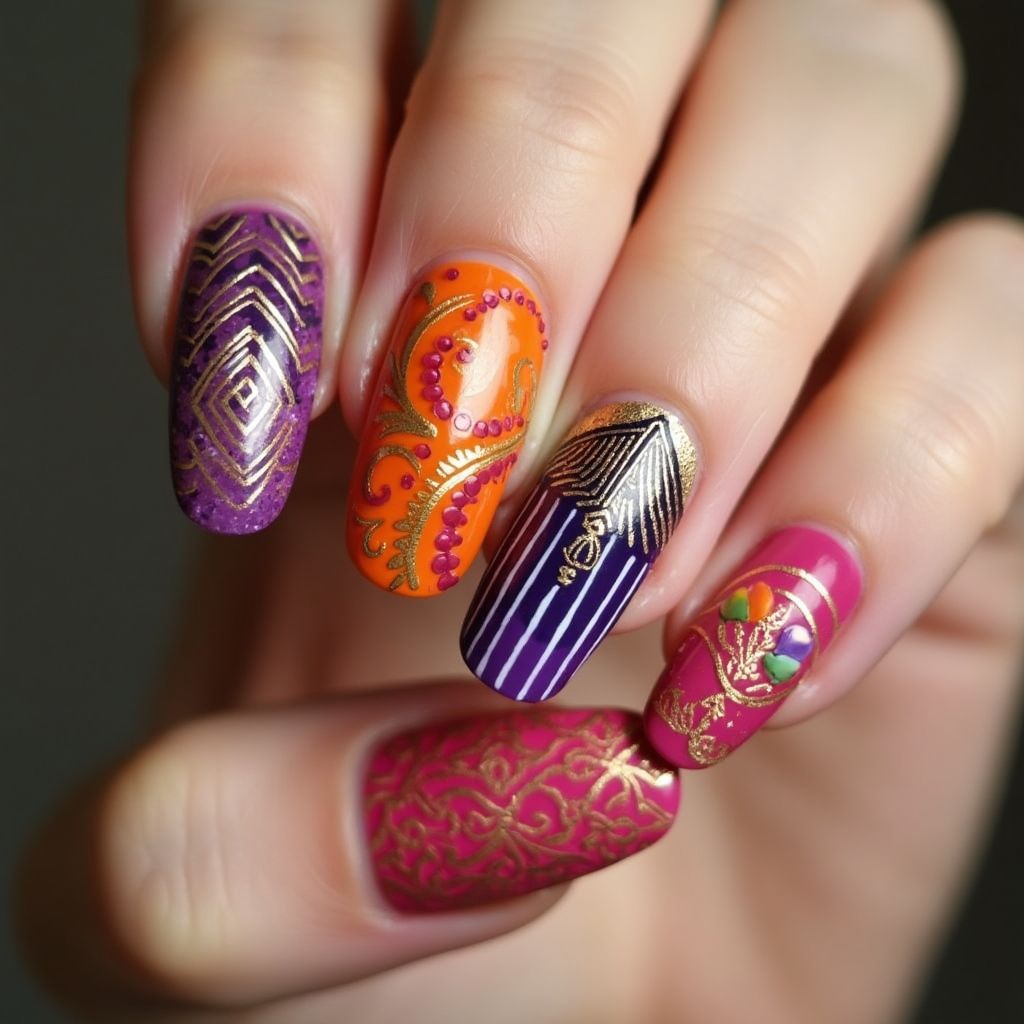 Diwali Stripes and lines Nail Design