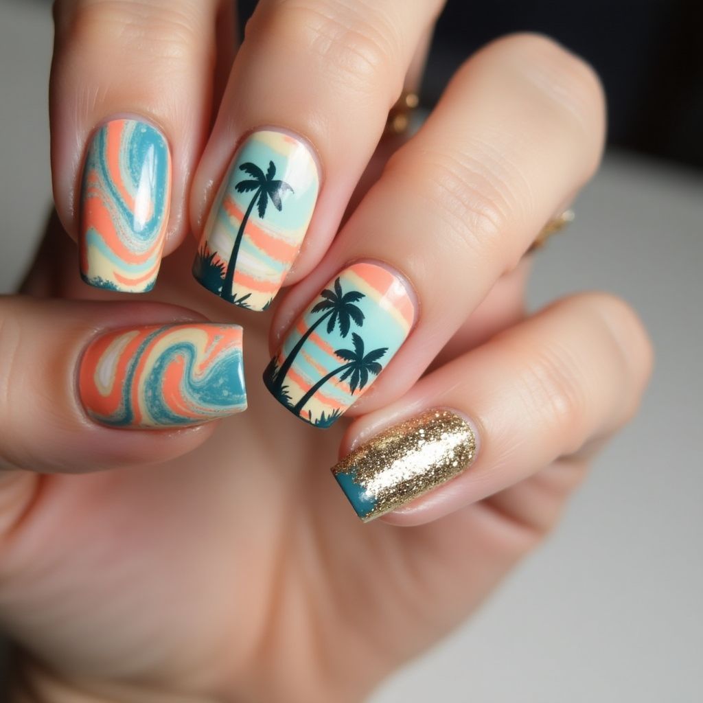 Vacation Water marbling Nail Design