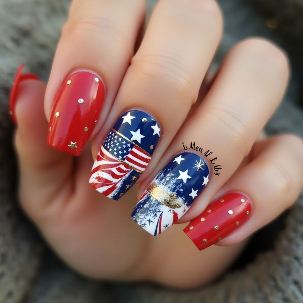 Labor Day Freehand Art Nail Design