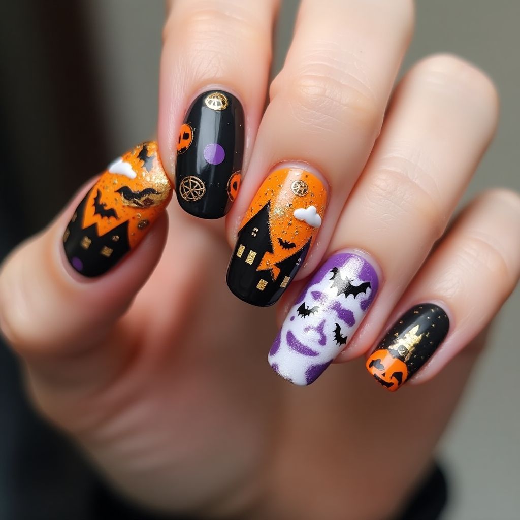 Halloween Water Marbling Nail Design