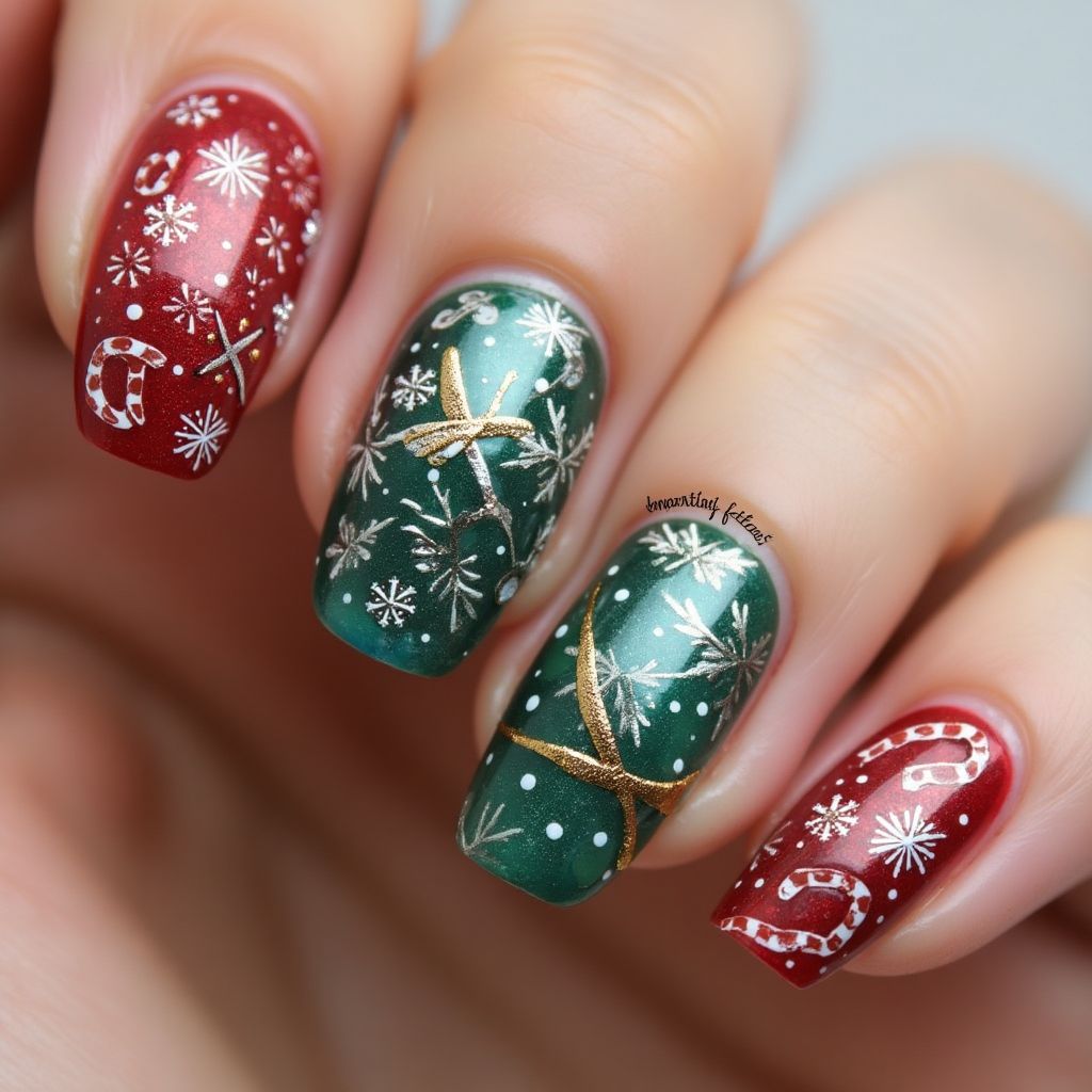 Christmas Water Marbling Nail Design