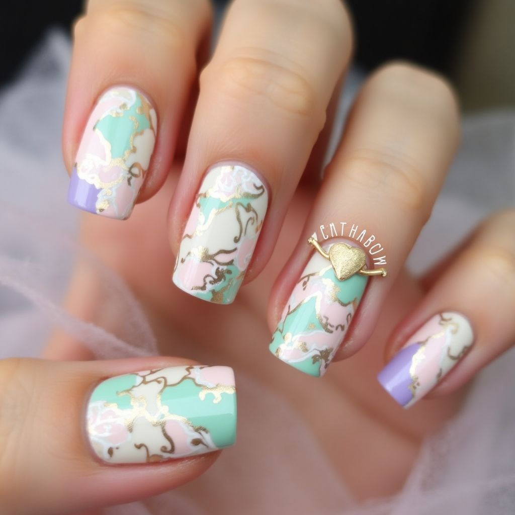 Bridal Shower Water Marbling Nail Design