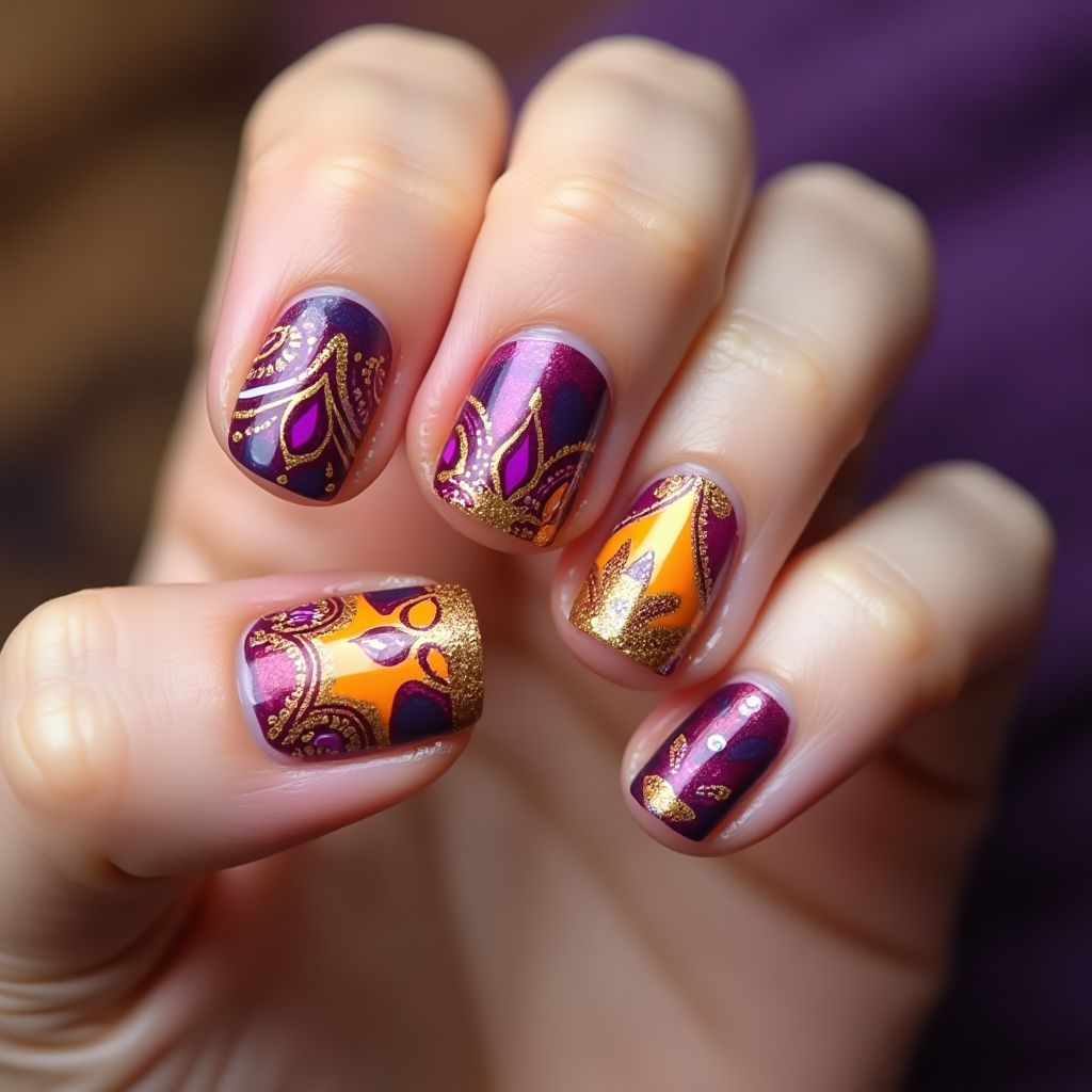 Diwali Water Marbling Nail Design