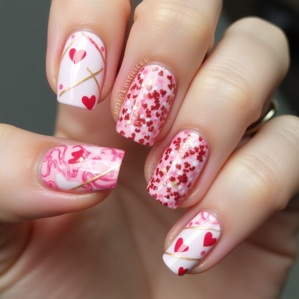 Valentine's Day Water Marbling Nail Design