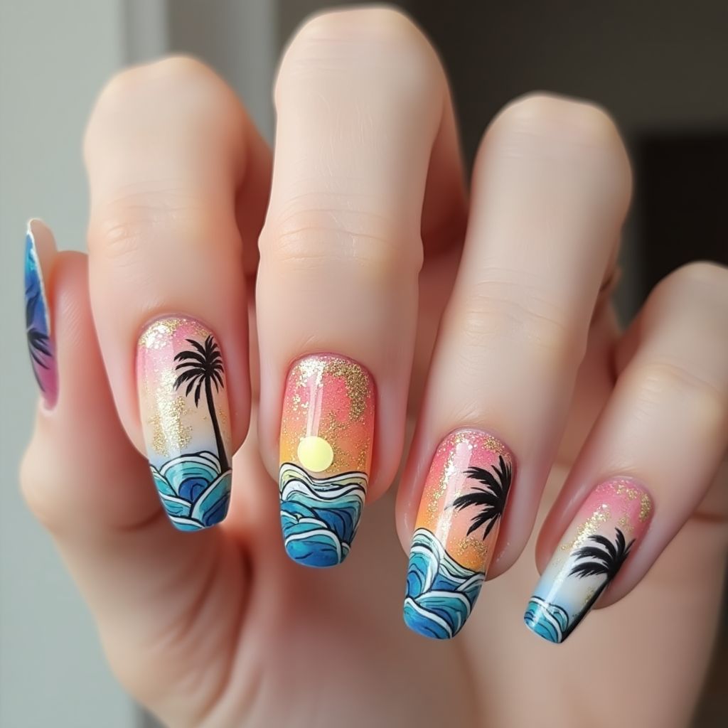 Vacation Water Marbling Nail Design