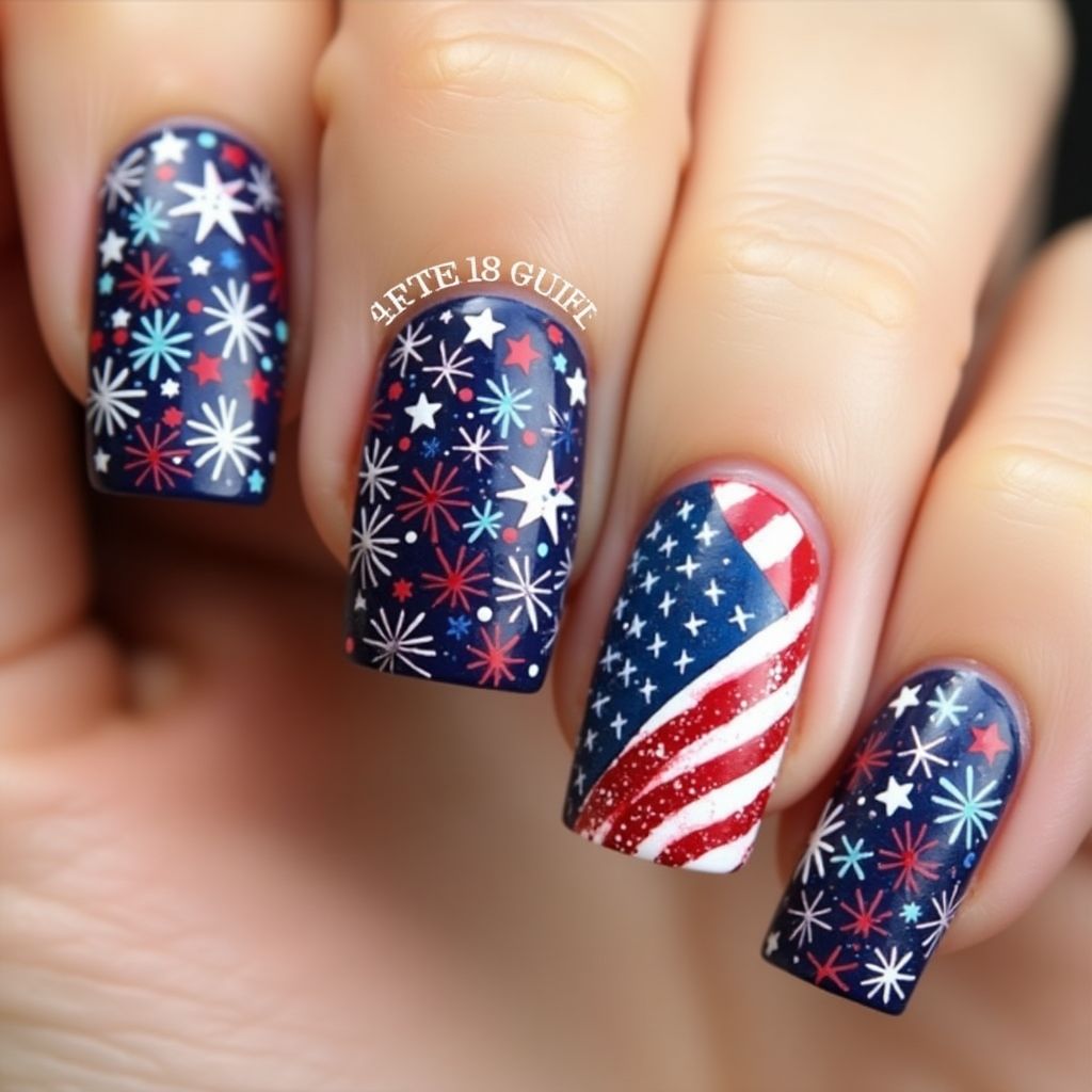4th Of July Freehand Art Nail Design