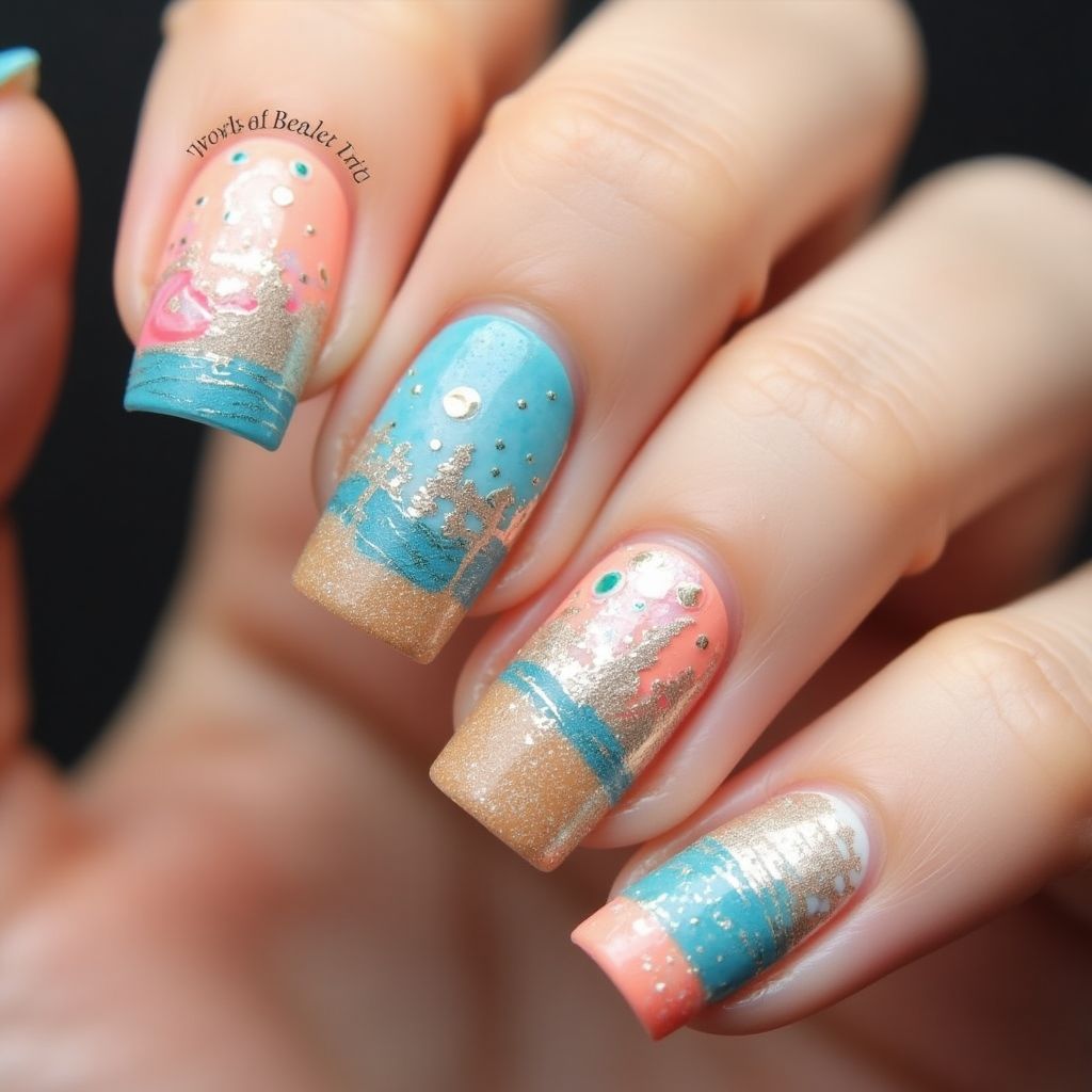 Beach Water Marbling Nail Design