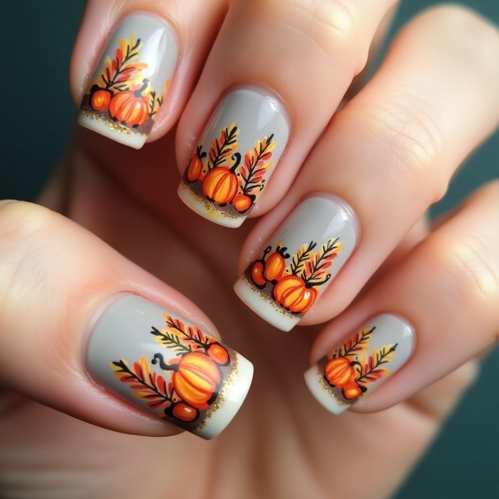 Thanksgiving Freehand Art Nail Design