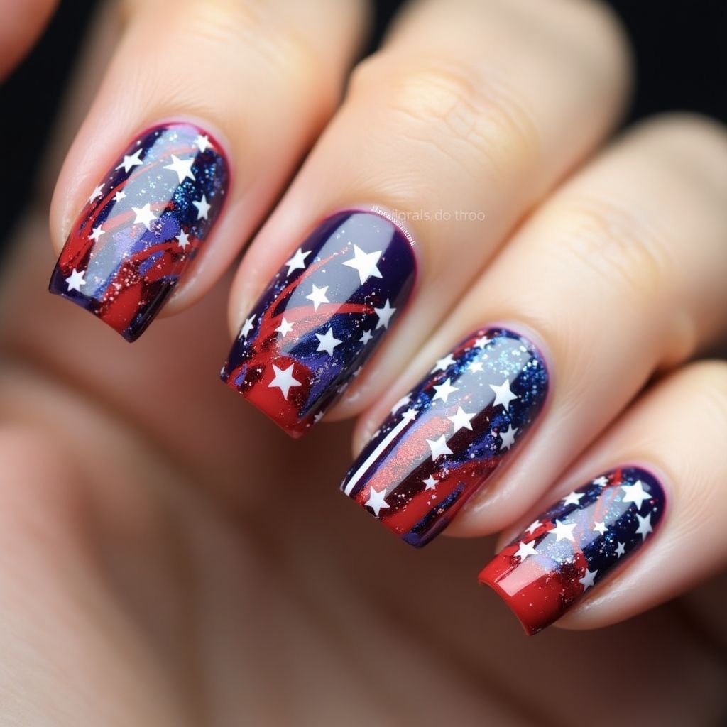 4th Of July Water Marbling Nail Design