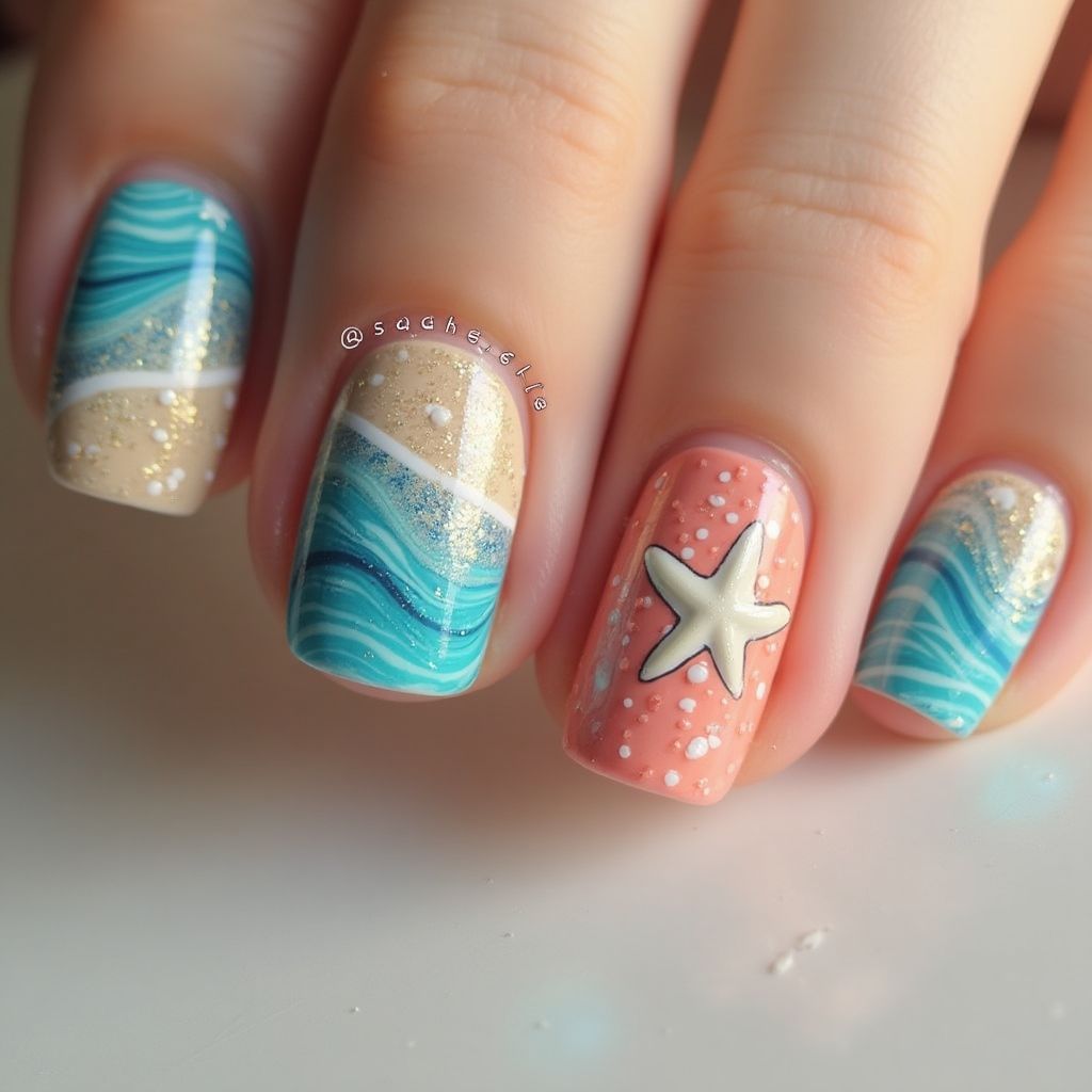 Beach Water Marbling Nail Design
