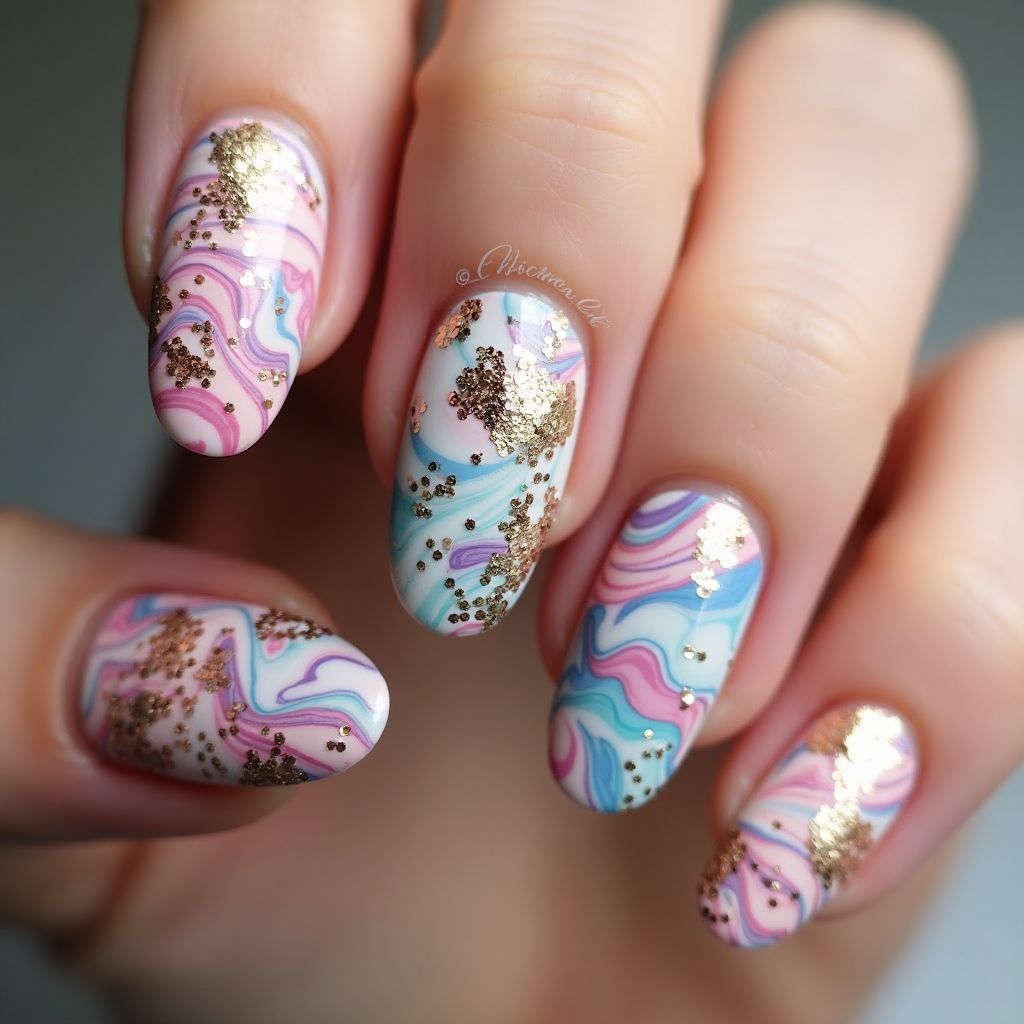 Celebration Water Marbling Nail Design