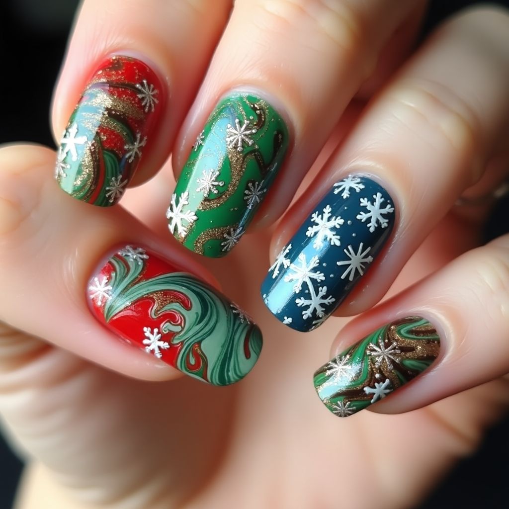 Holiday Water Marbling Nail Design