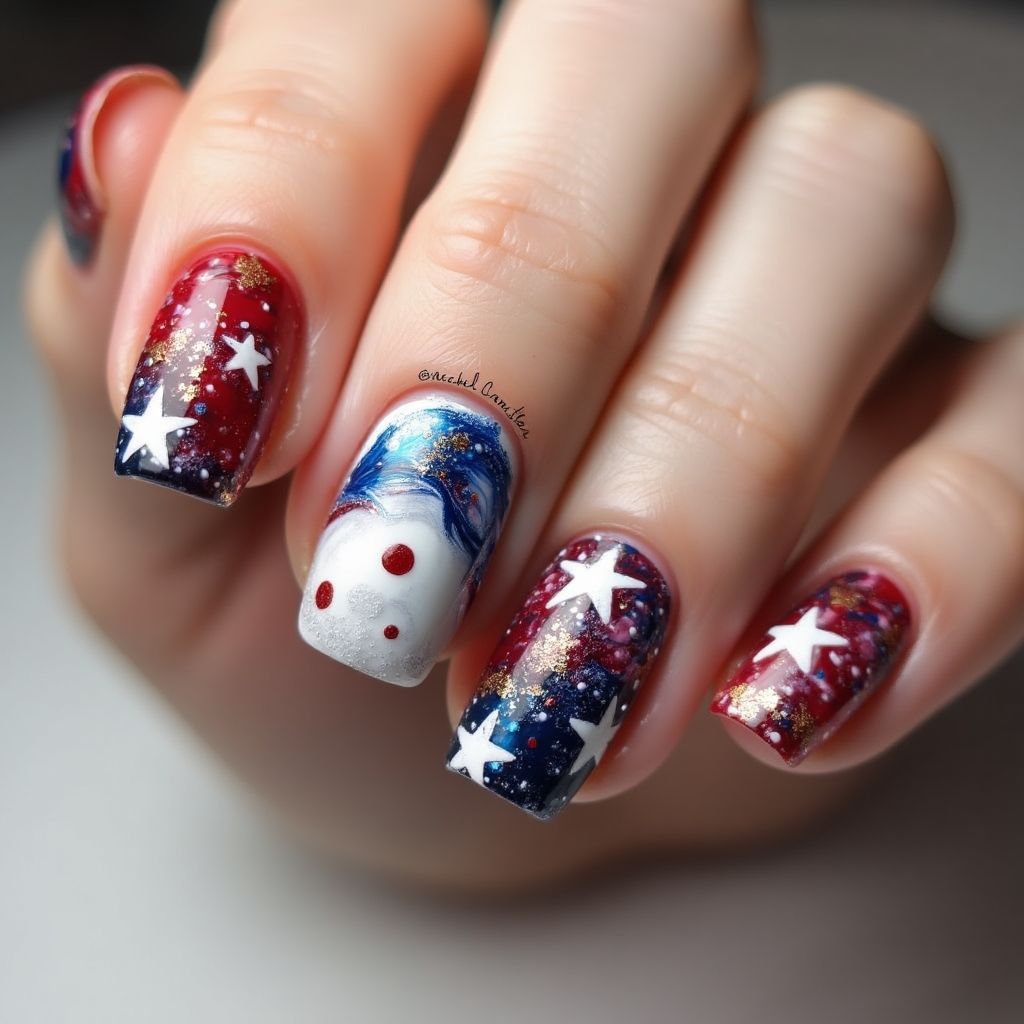 Labor Day Water Marbling Nail Design