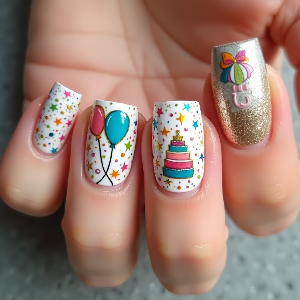 Birthday Freehand Art Nail Design