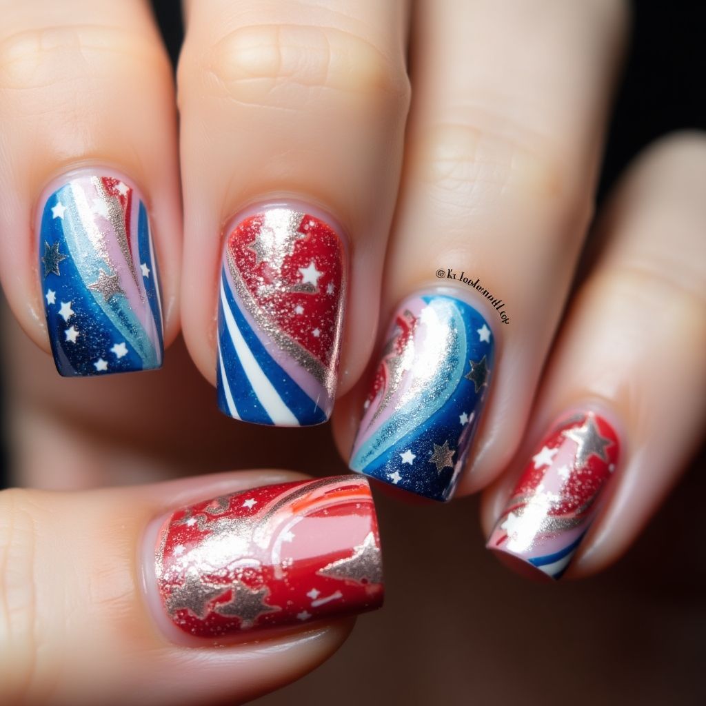 Labor Day Water Marbling Nail Design