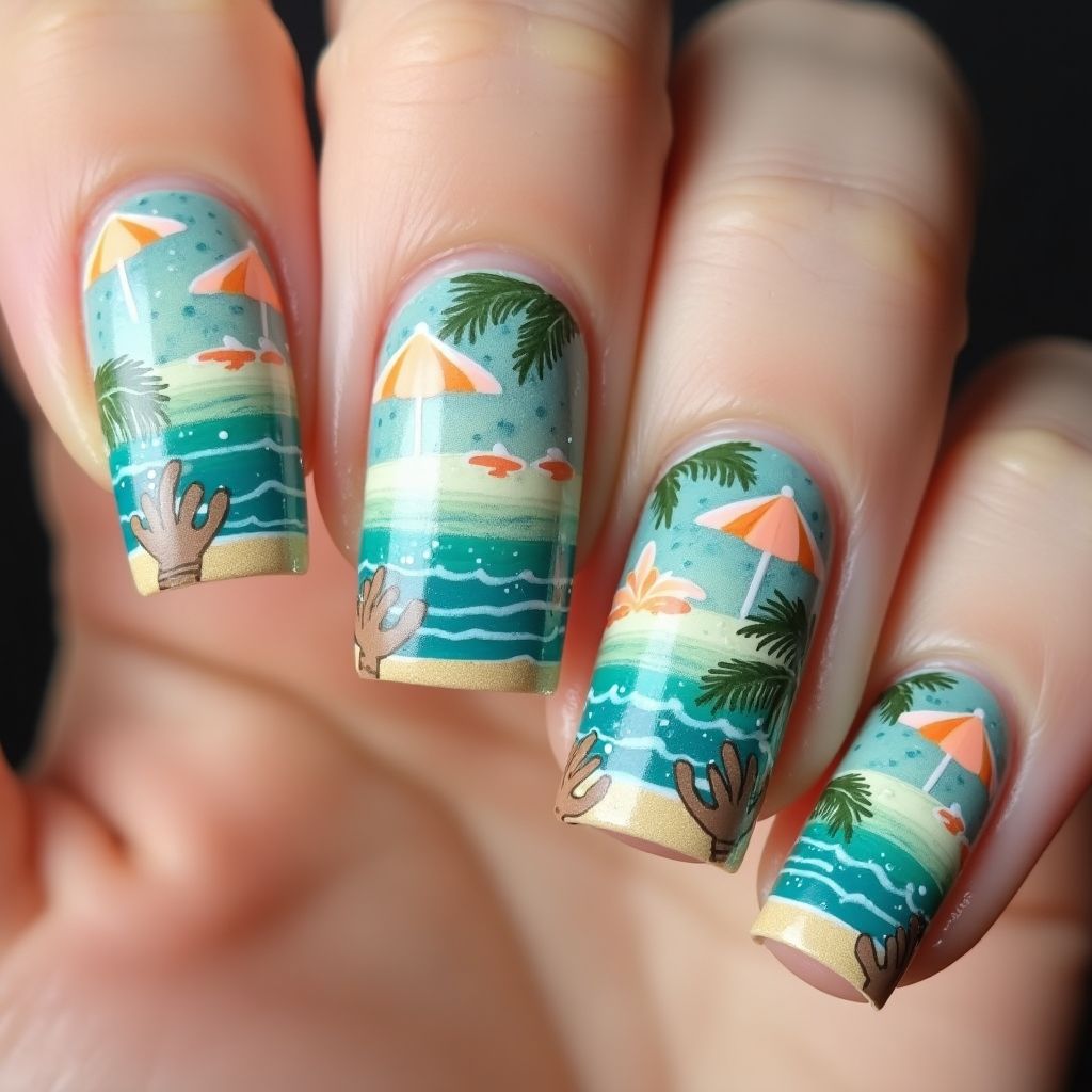 Beach Freehand Art Nail Design