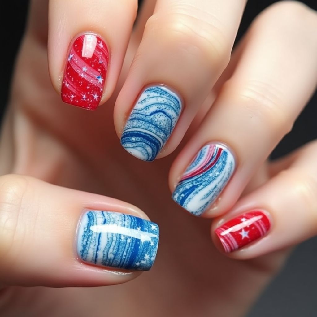 Memorial Day Water Marbling Nail Design