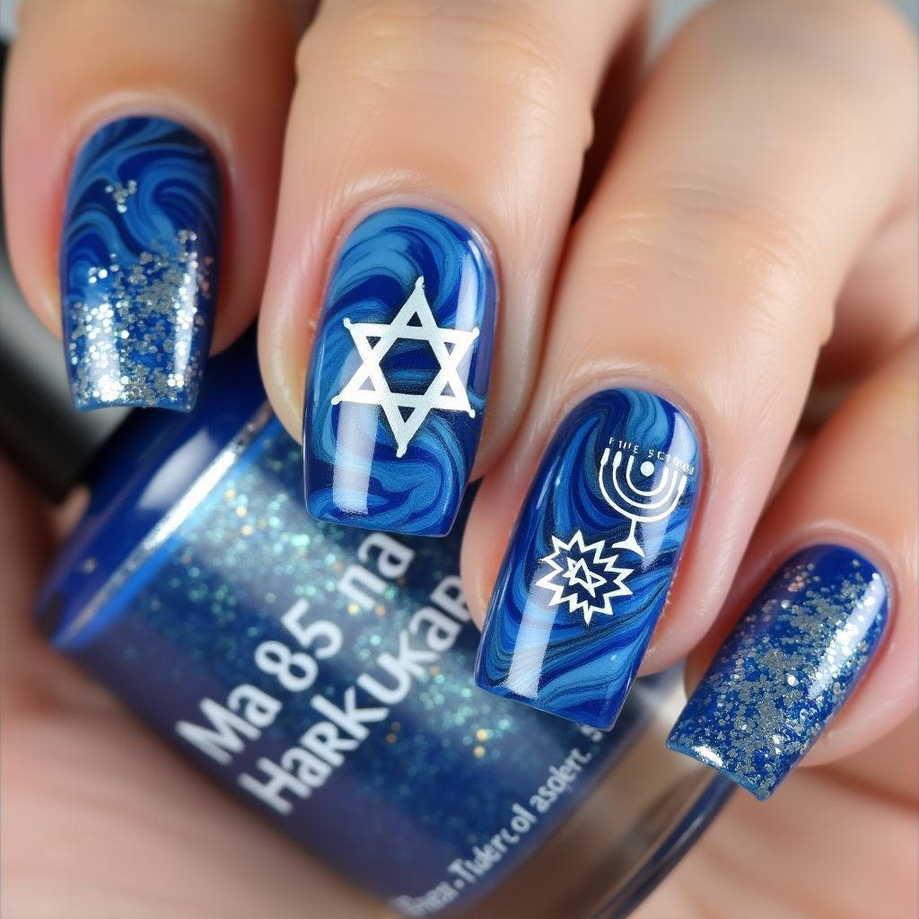 Hanukkah Water Marbling Nail Design