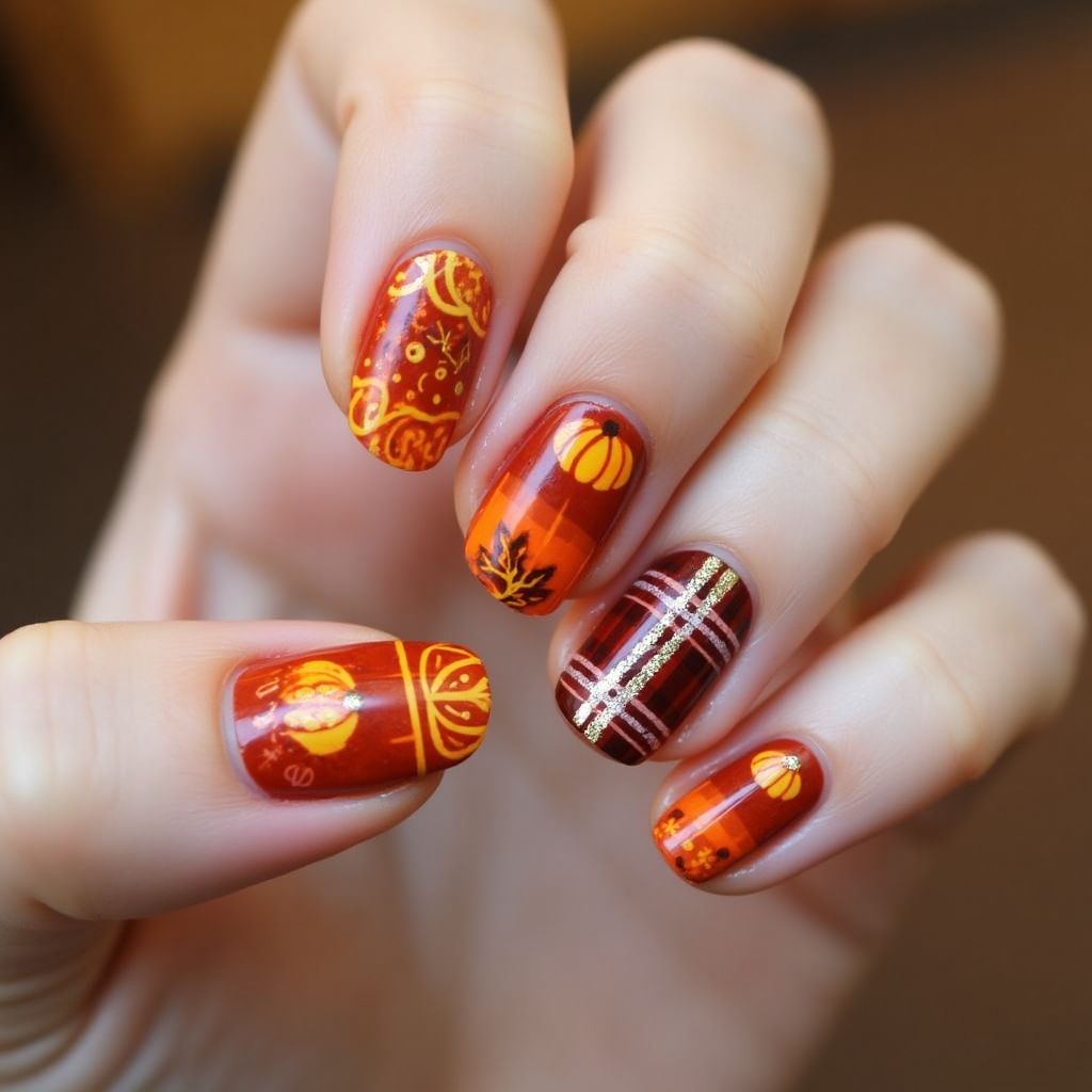 Thanksgiving Stripes And Lines Nail Design