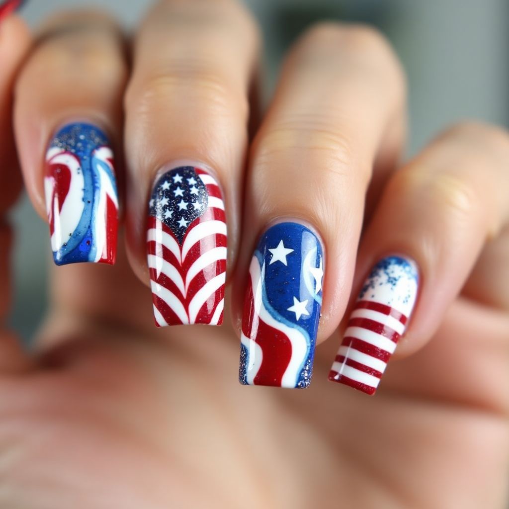 Independence Day Water Marbling Nail Design